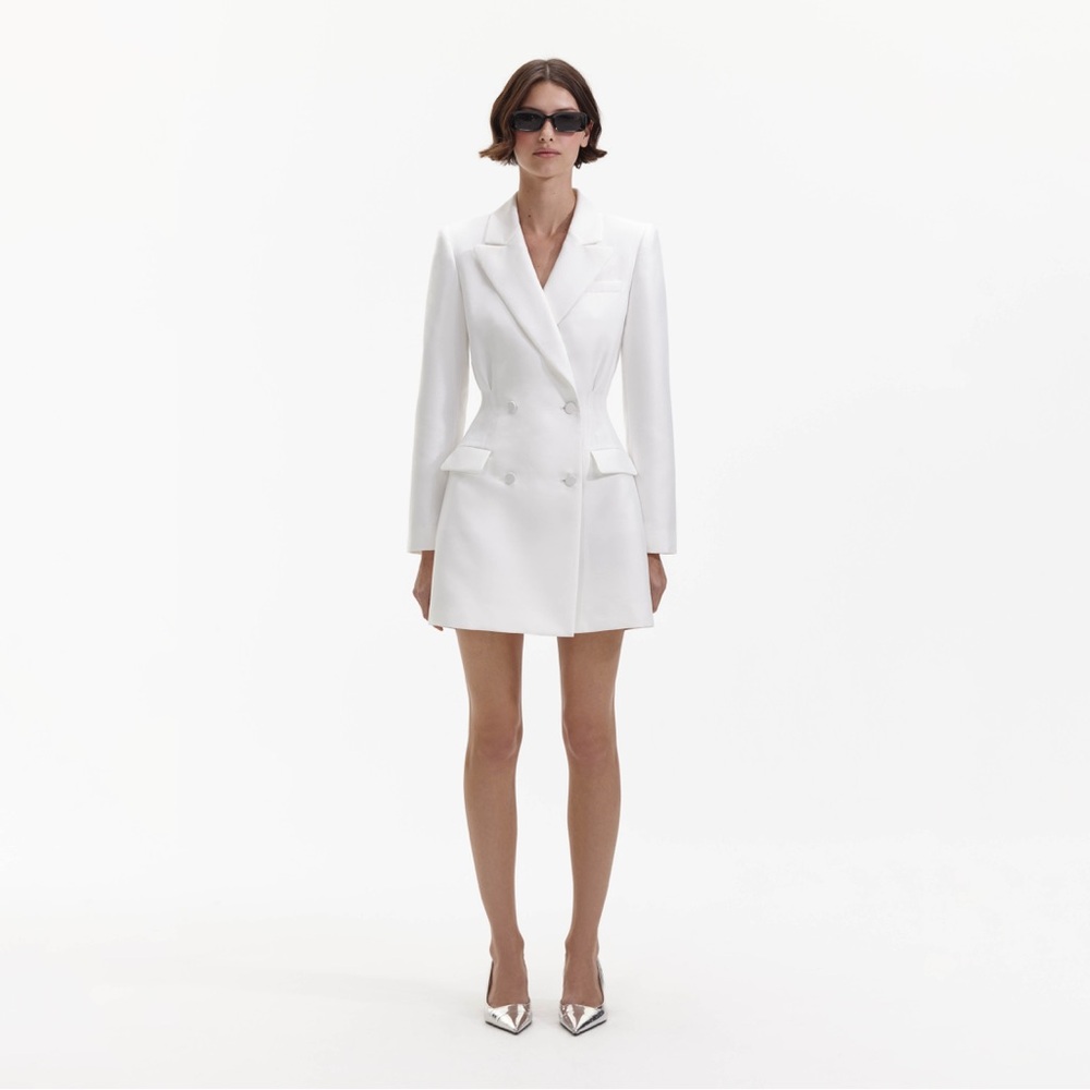 NEW: Self-Portrait White Taffeta Tailored Mini Dress Blazer - US 4